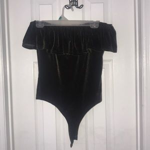Olive Velvet Off the Shoulder Frilly Bodysuit